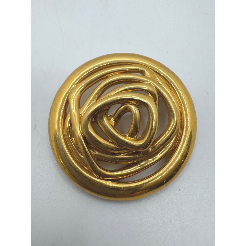 Monet Vintage Gold Tone Swirl Round Openwork Brooch Statement Pin